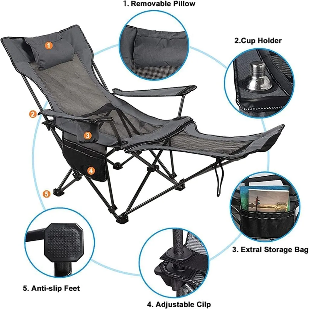 RUVOO Camping Chair Folding Chairs Lawn Chairs Folding Recliner Chair Camping Folding Chair Beach Sun Patio Chaise Lounge Chair Pool Lawn Lounger Folding Chair Camp Chair Moon Chair (Color : Grey)