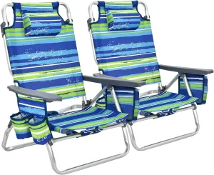 S AFSTAR Beach Chair Set of 2, Folding Camping Chairs, 5-Position Adjustable Chairs W/Ice Bag, Comfort Pillow, Cup Holder, Backpack Recline Beach Chairs for Sunbathing Fishing Travel (2, Blue Green)