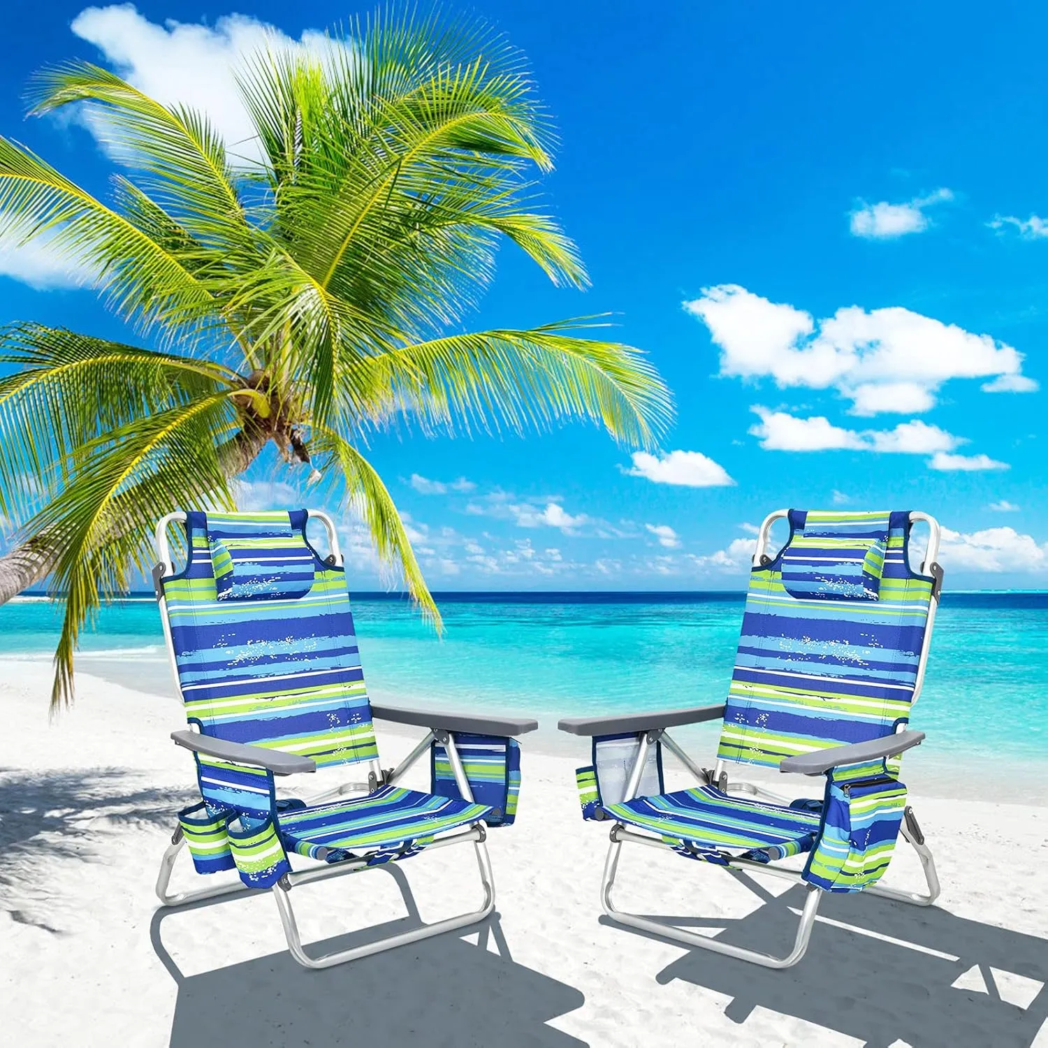 S AFSTAR Beach Chair Set of 2, Folding Camping Chairs, 5-Position Adjustable Chairs W/Ice Bag, Comfort Pillow, Cup Holder, Backpack Recline Beach Chairs for Sunbathing Fishing Travel (2, Blue Green)