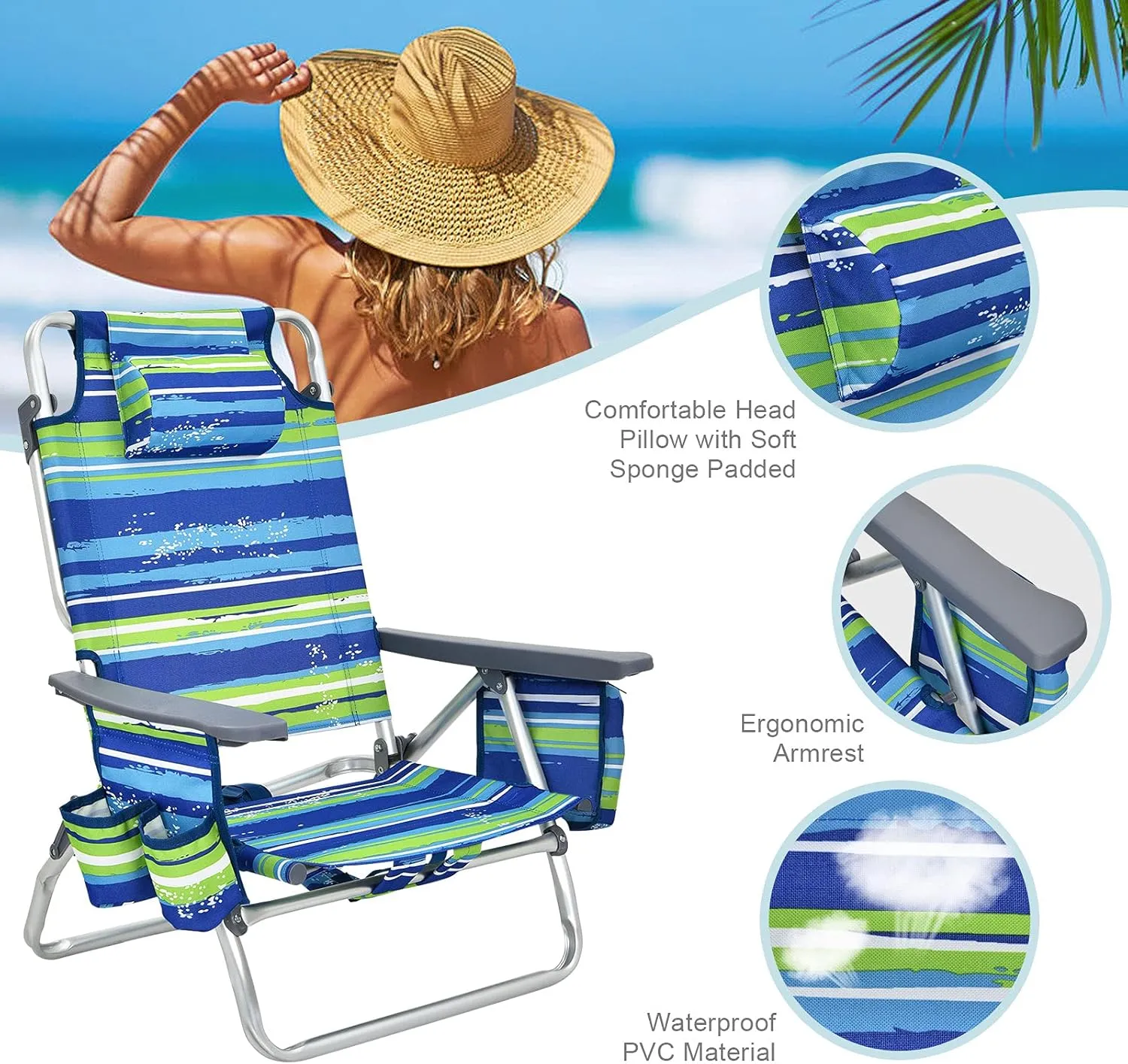 S AFSTAR Beach Chair Set of 2, Folding Camping Chairs, 5-Position Adjustable Chairs W/Ice Bag, Comfort Pillow, Cup Holder, Backpack Recline Beach Chairs for Sunbathing Fishing Travel (2, Blue Green)