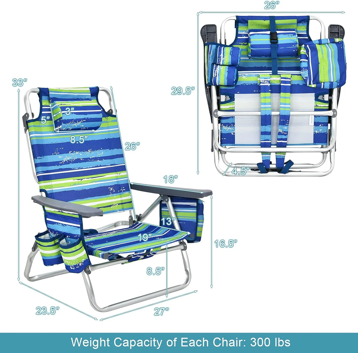 S AFSTAR Beach Chair Set of 2, Folding Camping Chairs, 5-Position Adjustable Chairs W/Ice Bag, Comfort Pillow, Cup Holder, Backpack Recline Beach Chairs for Sunbathing Fishing Travel (2, Blue Green)