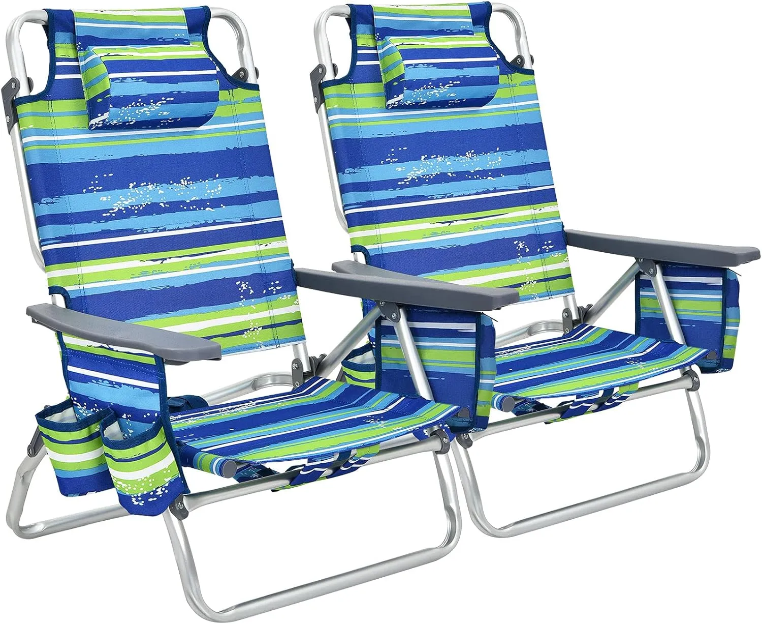 S AFSTAR Beach Chair Set of 2, Folding Camping Chairs, 5-Position Adjustable Chairs W/Ice Bag, Comfort Pillow, Cup Holder, Backpack Recline Beach Chairs for Sunbathing Fishing Travel (2, Blue Green)