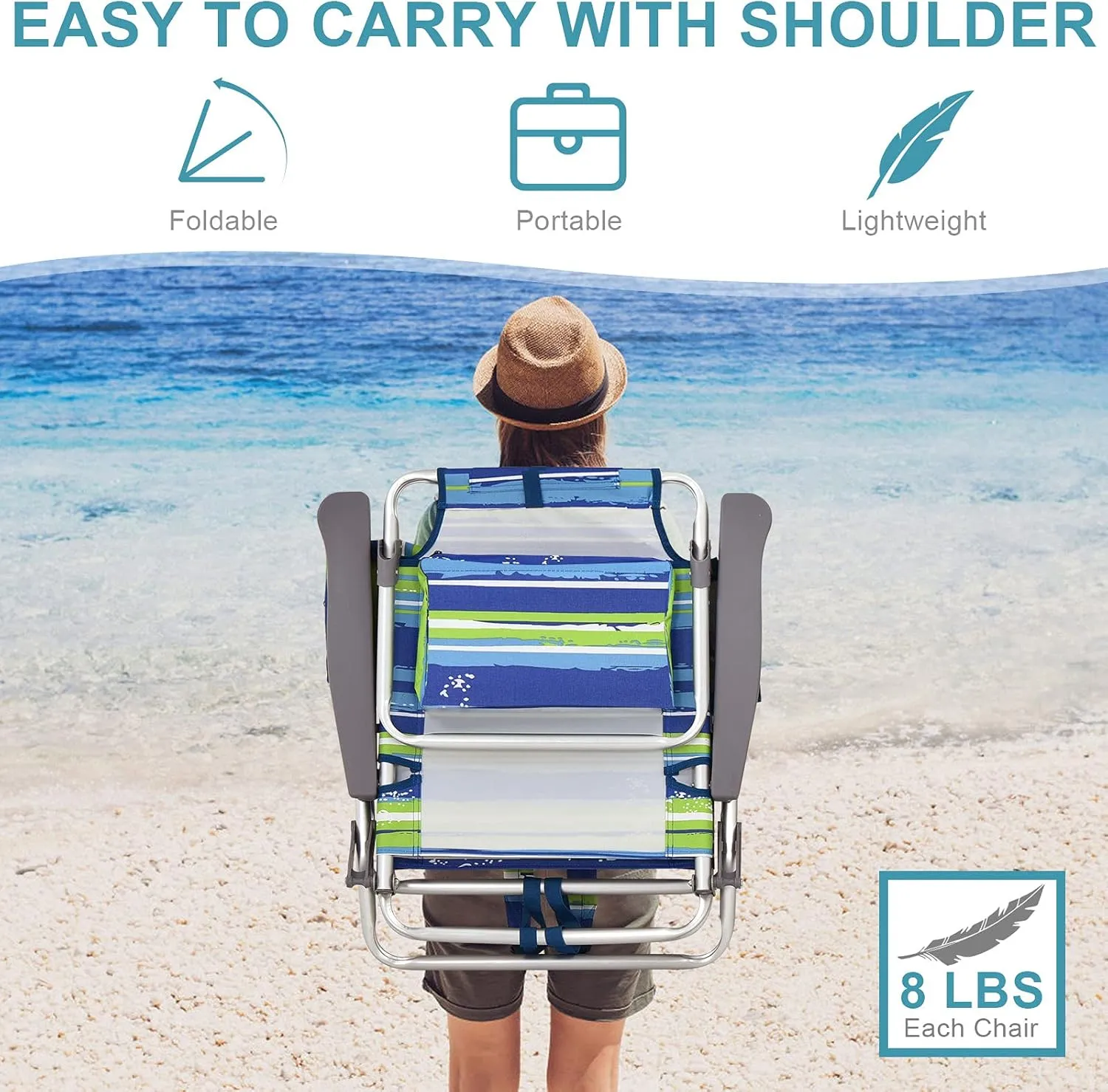 S AFSTAR Beach Chair Set of 2, Folding Camping Chairs, 5-Position Adjustable Chairs W/Ice Bag, Comfort Pillow, Cup Holder, Backpack Recline Beach Chairs for Sunbathing Fishing Travel (2, Blue Green)