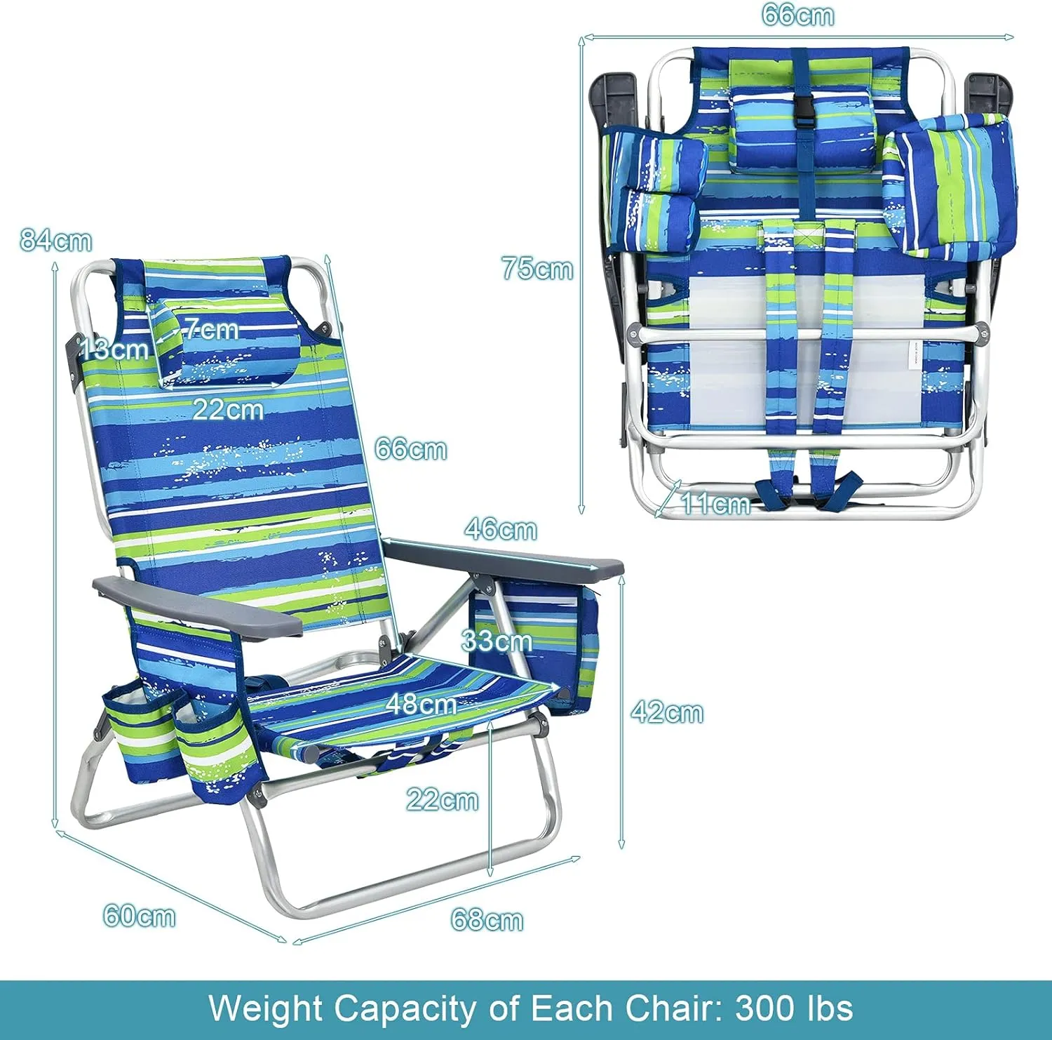 S AFSTAR Beach Chair Set of 2, Folding Camping Chairs, 5-Position Adjustable Chairs W/Ice Bag, Comfort Pillow, Cup Holder, Backpack Recline Beach Chairs for Sunbathing Fishing Travel (2, Blue Green)