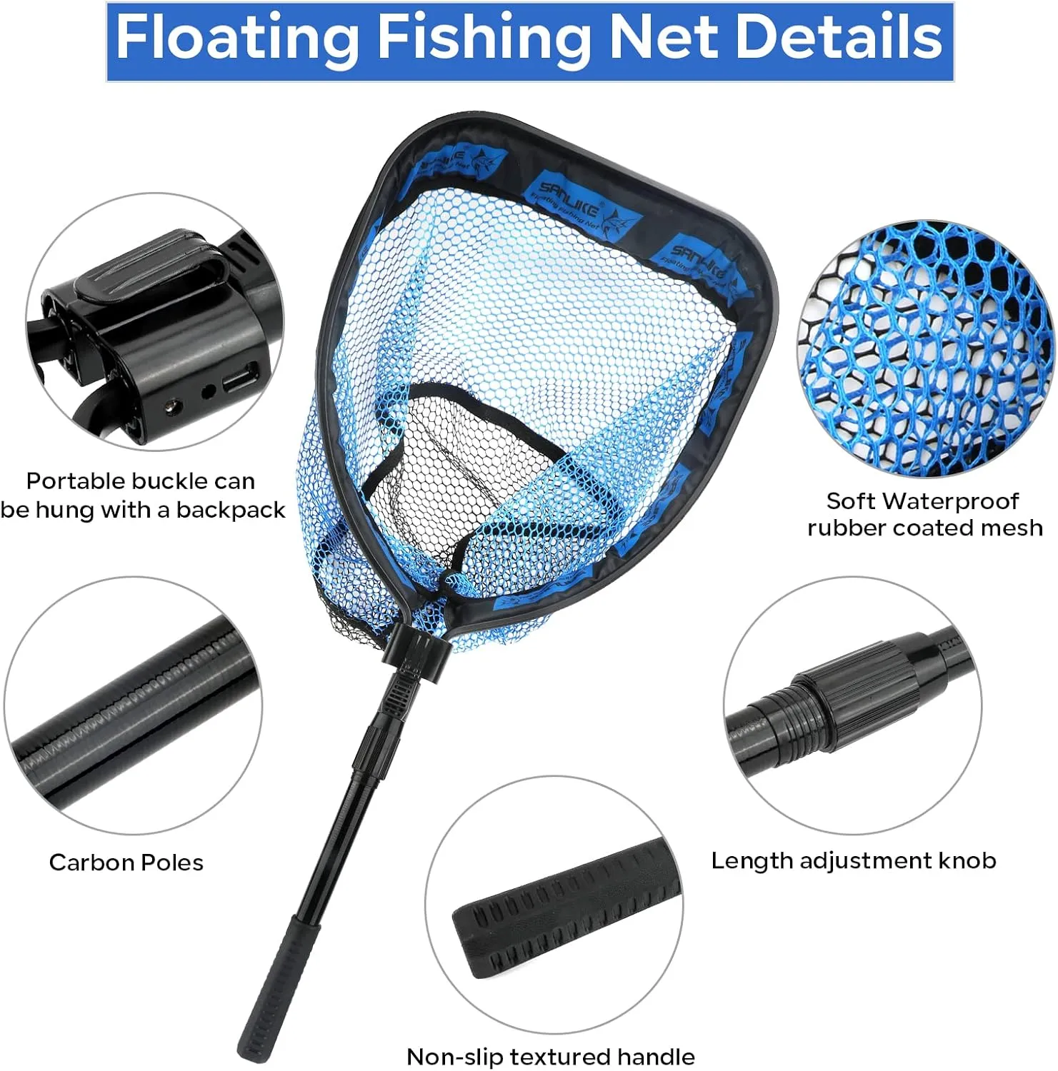 SAN LIKE Floating Fishing Net Collapsible Fishing Nets for Fish Fishing Landing Net with Telescopic Pole Rubber Coated Landing Net for Freshwater Saltwater Foldable Release Salmon Catfish Bass Trout