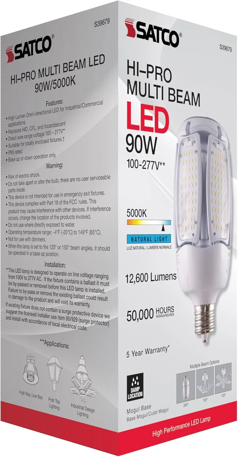 Satco S39750 Hi-Pro Multi-Beam LED Lamp, E26 Base, 30 Watts, 5000K