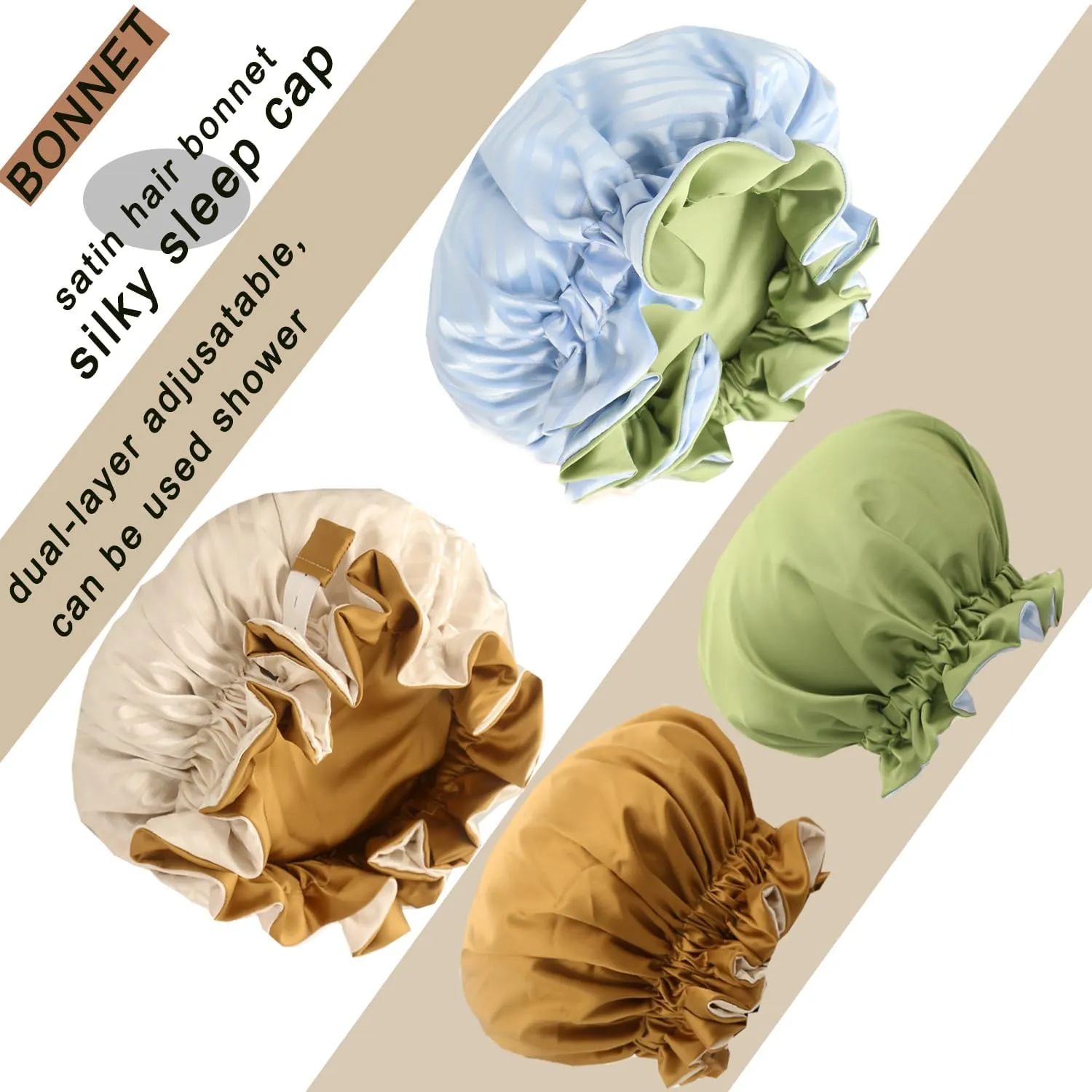 Satin Bonnet for Women 2PCS Silk Hair Bonnet Cap Reversible for Sleeping Adjustable Sleep Cap Double-Layer and Washable