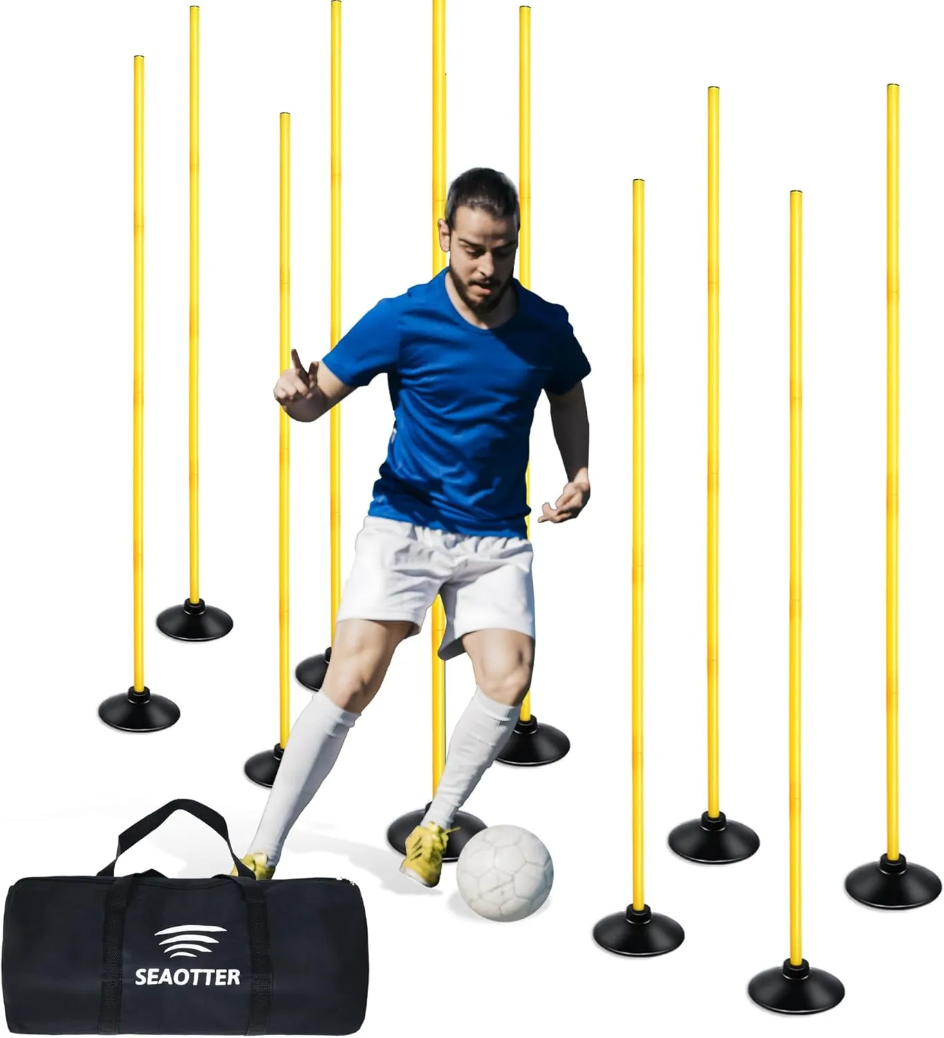 SEAOTTER Soccer Agility Poles Set, 4/6/10 Pcs 6ft Detachable Sports Trainning Speed Poles Slalom Poles with Rubber Base, Agility Training Equipment for Football, Rugby, Basketball, Indoor & Outdoor