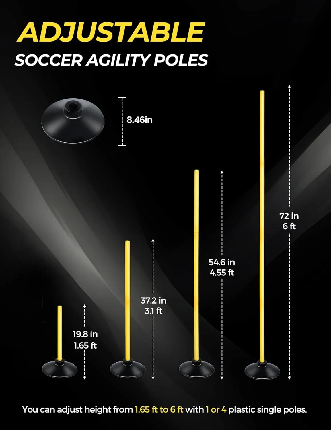 SEAOTTER Soccer Agility Poles Set, 4/6/10 Pcs 6ft Detachable Sports Trainning Speed Poles Slalom Poles with Rubber Base, Agility Training Equipment for Football, Rugby, Basketball, Indoor & Outdoor
