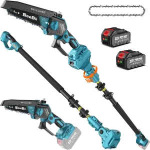 SEESII 2-in-1 Pole Saws for Tree Timming: Electric Mini Chainsaw 6 Inch Cordless, 2 x 4000mAh Batteries Tree Pruner, Brushless Chain Saw with Extension Pole for Limb Branch Cutter,16Ft Reach