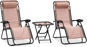 SereneLife Zero Gravity Chairs Set of 2 - Adjustable Mesh Lawn Chairs - Outdoor Lounge Chairs with Side Table 2 Cup Holders - Foldable Outdoor Chair with Removable Pillows - Cream
