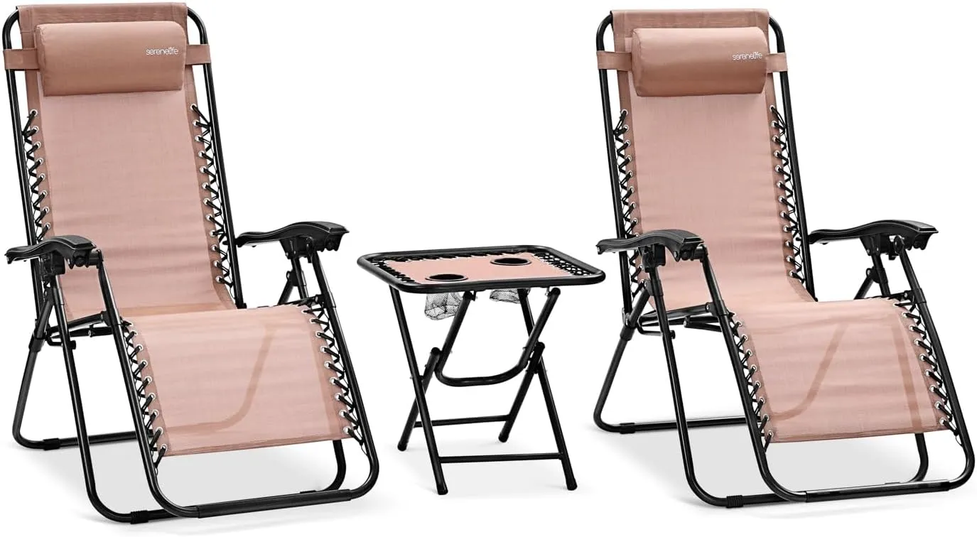 SereneLife Zero Gravity Chairs Set of 2 - Adjustable Mesh Lawn Chairs - Outdoor Lounge Chairs with Side Table 2 Cup Holders - Foldable Outdoor Chair with Removable Pillows - Cream