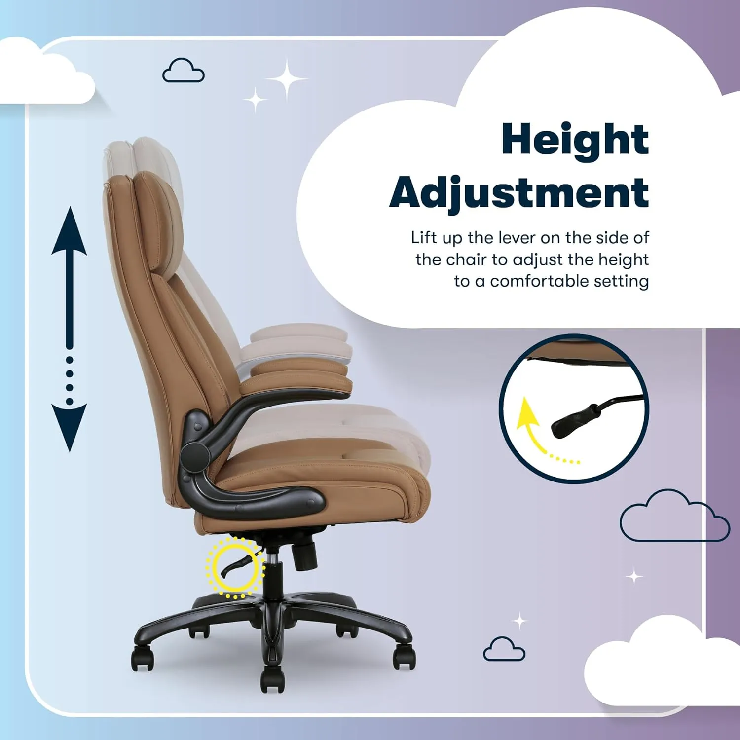 Serta Torrington Big & Tall Office Chair, with Flip-Up Padded Armrests, Ultra-Comfortable ComfortCoils Seat Cushion Technology, Modern Executive Premium PU Desk Chair, Tan