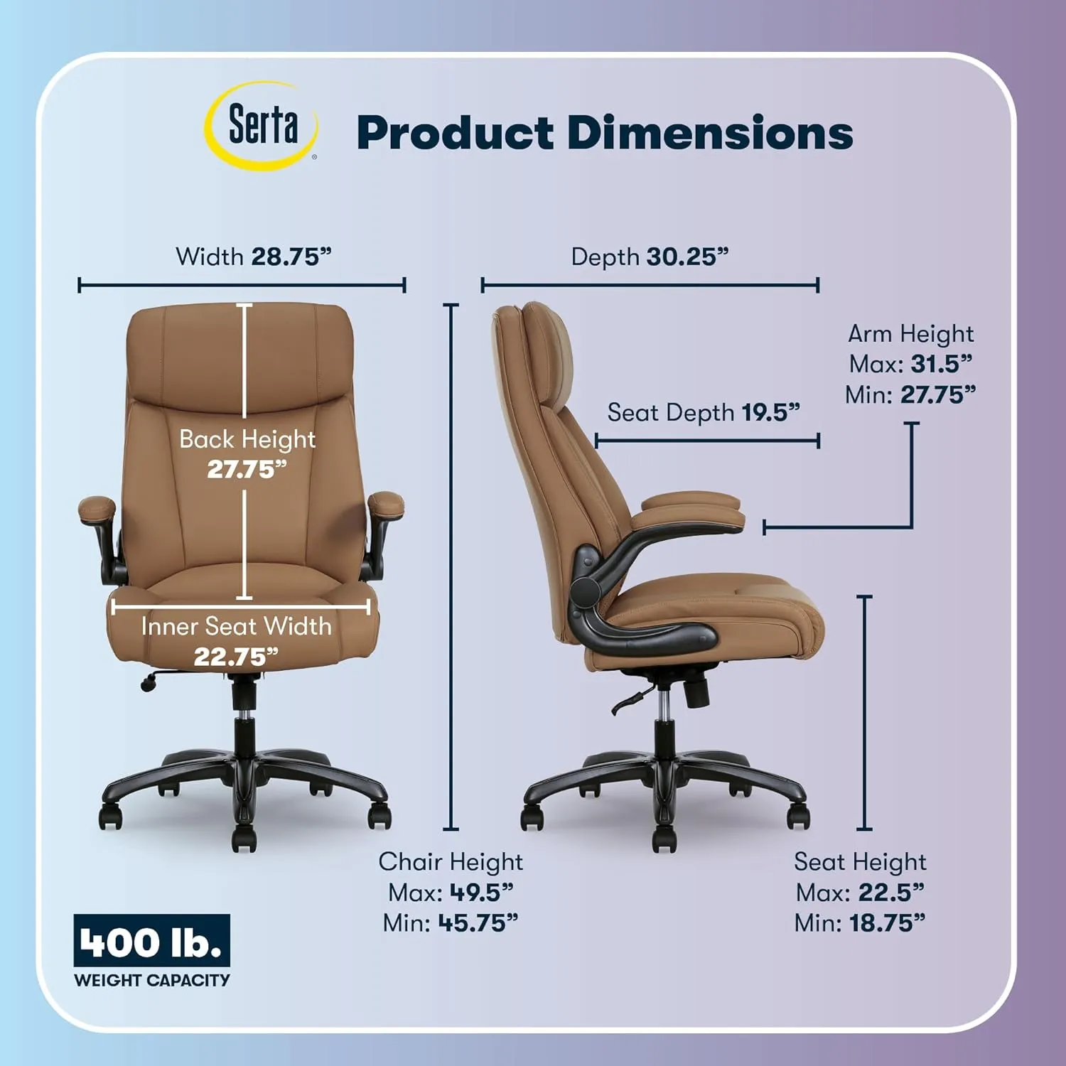 Serta Torrington Big & Tall Office Chair, with Flip-Up Padded Armrests, Ultra-Comfortable ComfortCoils Seat Cushion Technology, Modern Executive Premium PU Desk Chair, Tan