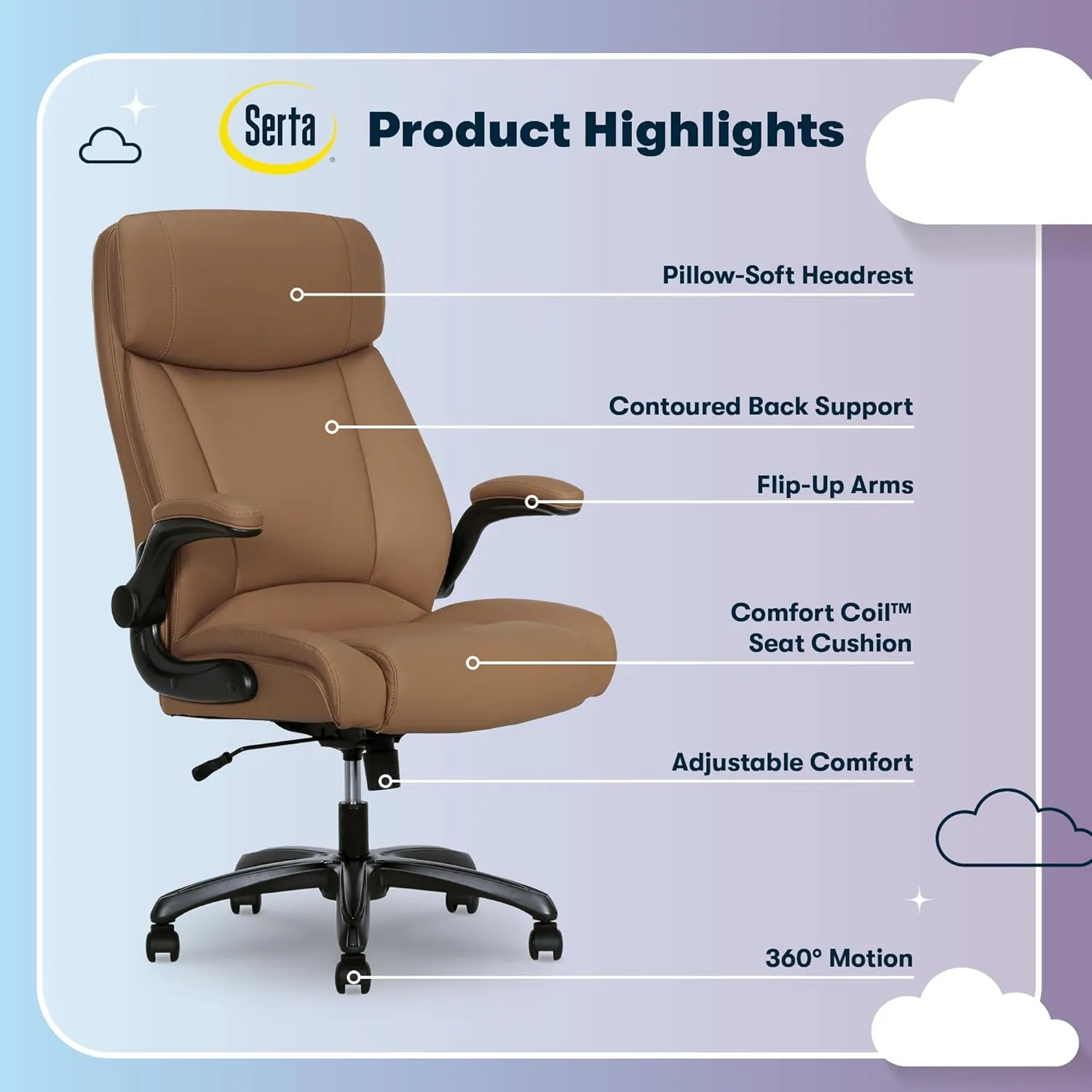 Serta Torrington Big & Tall Office Chair, with Flip-Up Padded Armrests, Ultra-Comfortable ComfortCoils Seat Cushion Technology, Modern Executive Premium PU Desk Chair, Tan