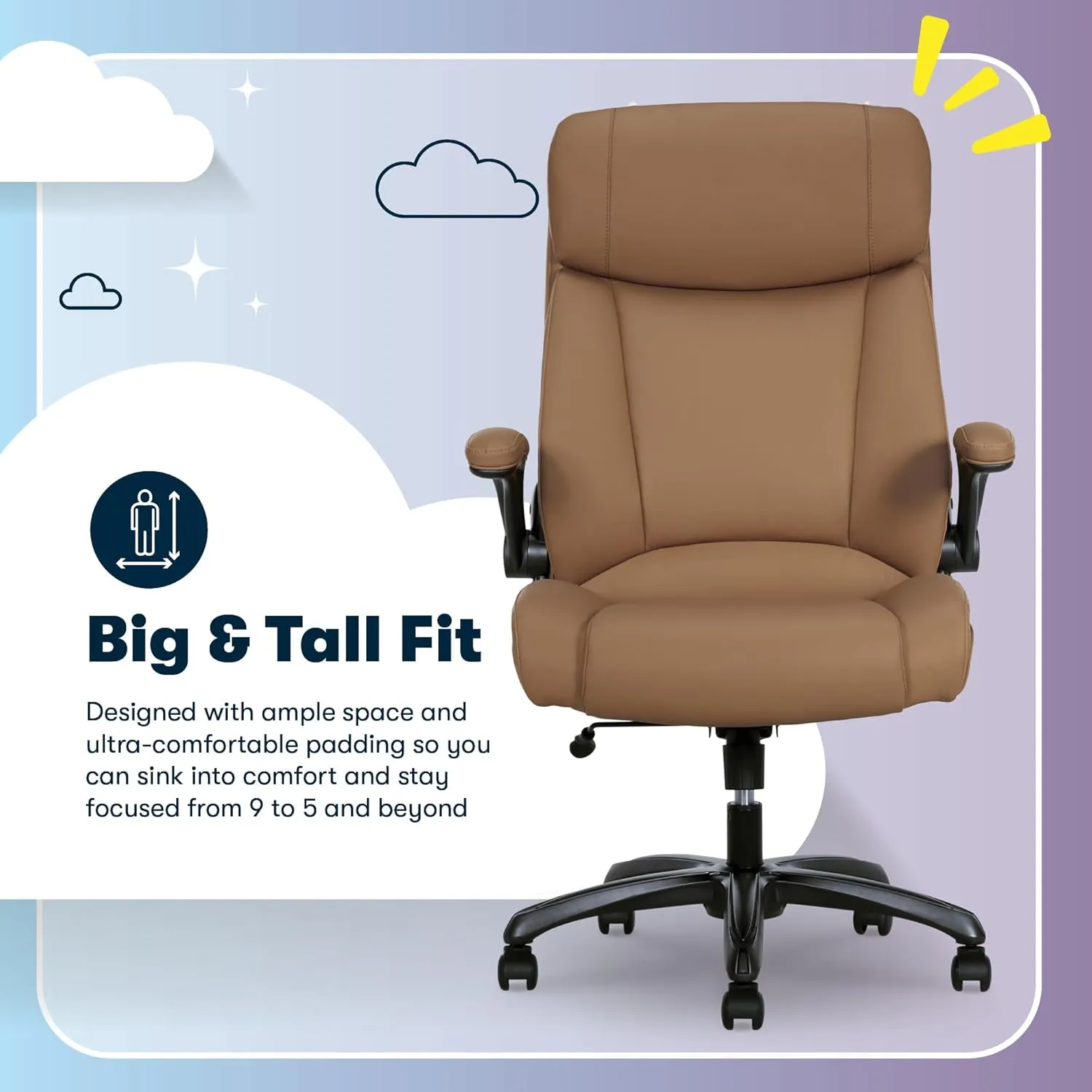 Serta Torrington Big & Tall Office Chair, with Flip-Up Padded Armrests, Ultra-Comfortable ComfortCoils Seat Cushion Technology, Modern Executive Premium PU Desk Chair, Tan