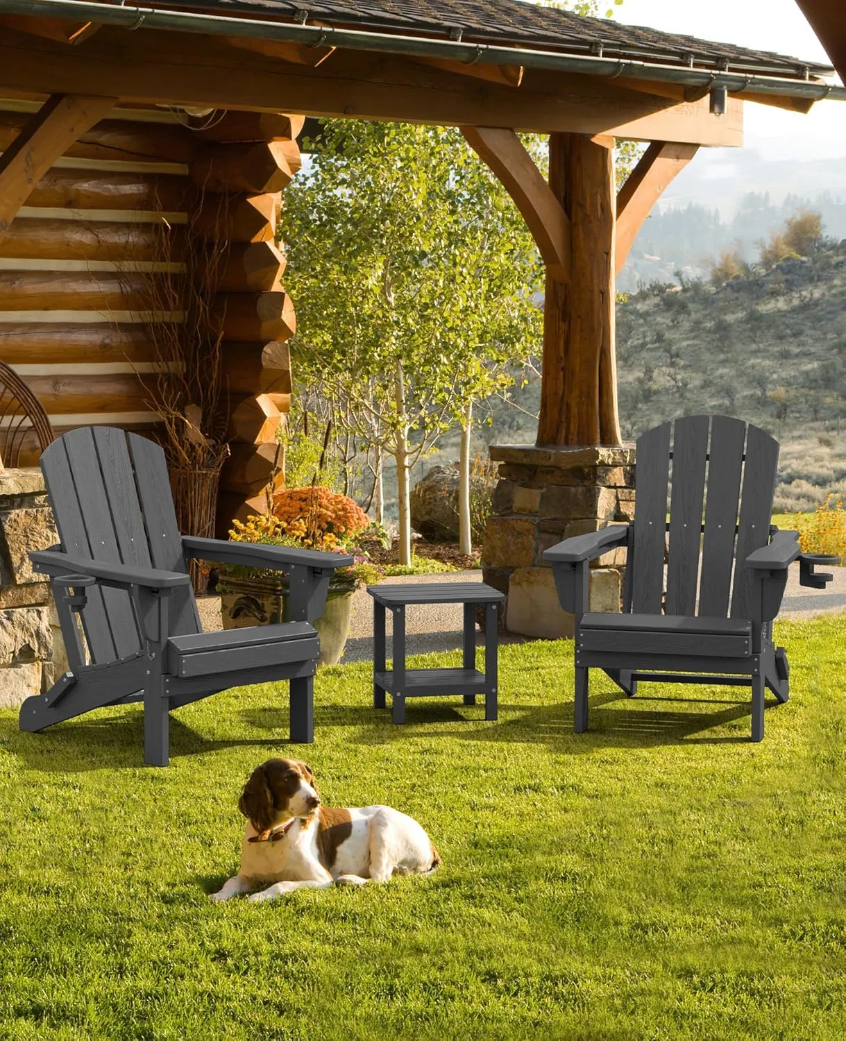 SERWALL Folding Adirondack Chair, Adirondack Outdoor Chair with Cup Holder, Adjustable Adirondack Chair with 3 Recline Positions, All Weather HDPE Outdoor Adirondack, Gray