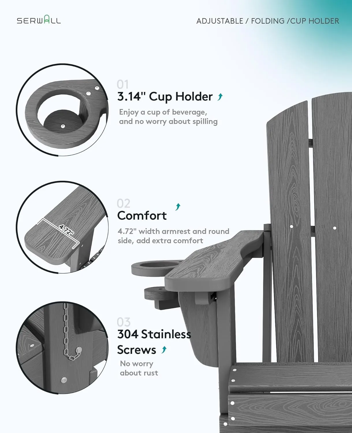 SERWALL Folding Adirondack Chair, Adirondack Outdoor Chair with Cup Holder, Adjustable Adirondack Chair with 3 Recline Positions, All Weather HDPE Outdoor Adirondack, Gray