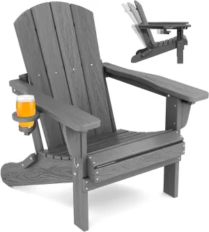 SERWALL Folding Adirondack Chair, Adirondack Outdoor Chair with Cup Holder, Adjustable Adirondack Chair with 3 Recline Positions, All Weather HDPE Outdoor Adirondack, Gray