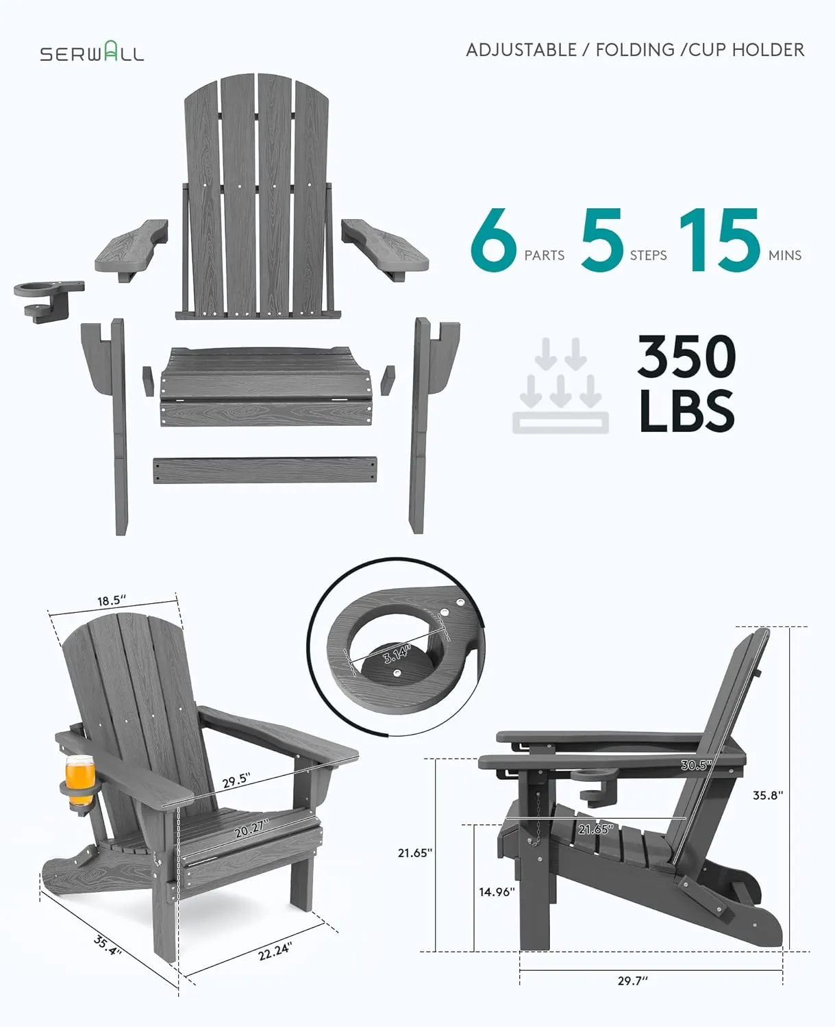 SERWALL Folding Adirondack Chair, Adirondack Outdoor Chair with Cup Holder, Adjustable Adirondack Chair with 3 Recline Positions, All Weather HDPE Outdoor Adirondack, Gray