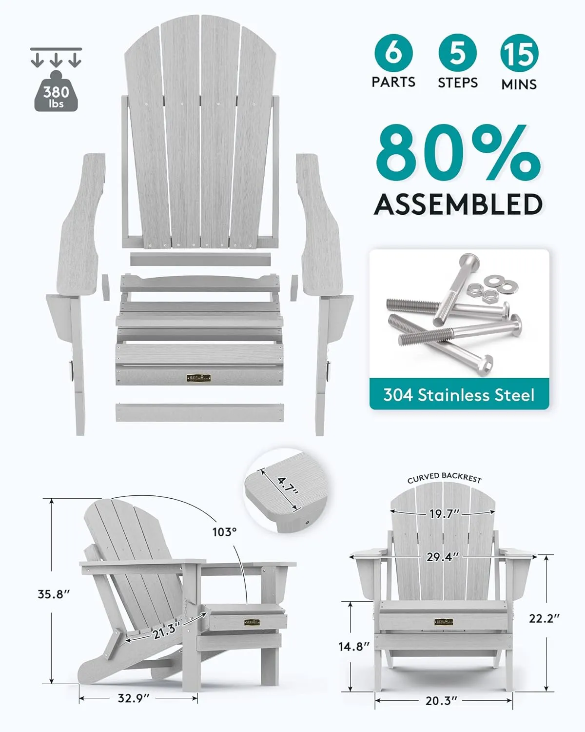 SERWALL Folding Adirondack Chair for Patio Garden Outdoors Fire Pit- Spanish Gray