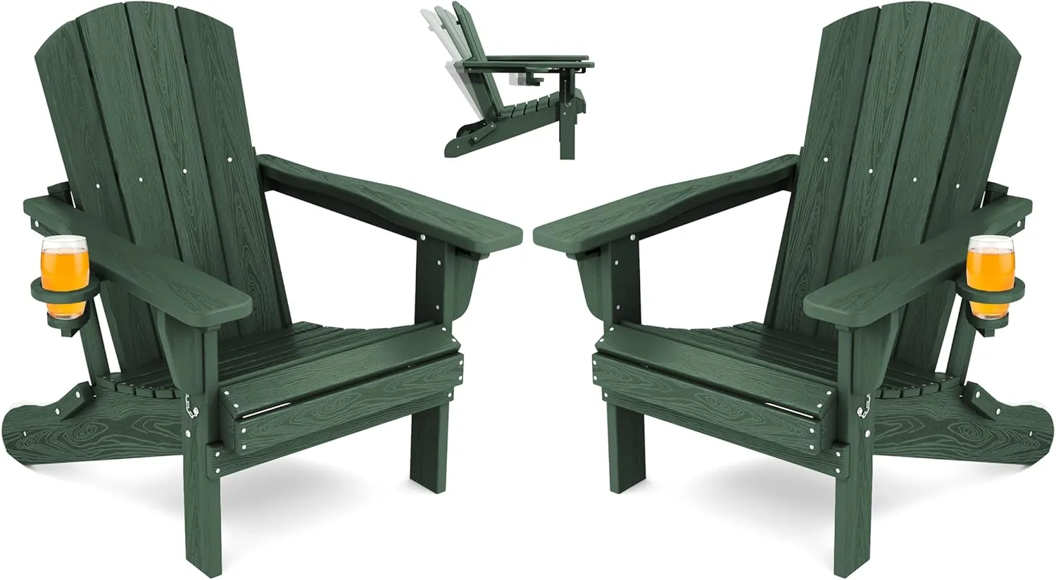 SERWALL Folding Adirondack Chair Set of 2, Reclining Adirondack Chair with 3 Recline Positions, All Weather HDPE Outdoor Adirondack, Green