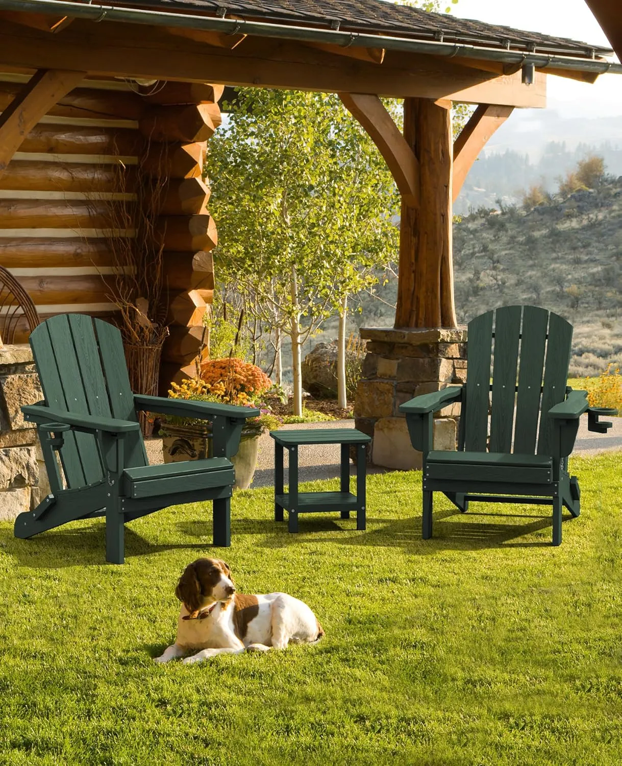 SERWALL Folding Adirondack Chair Set of 2, Reclining Adirondack Chair with 3 Recline Positions, All Weather HDPE Outdoor Adirondack, Green