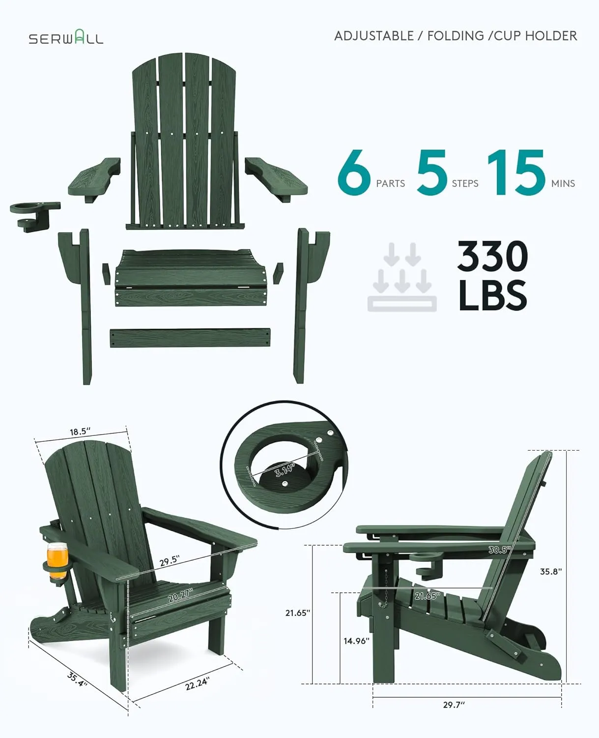 SERWALL Folding Adirondack Chair Set of 2, Reclining Adirondack Chair with 3 Recline Positions, All Weather HDPE Outdoor Adirondack, Green