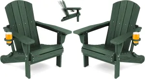 SERWALL Folding Adirondack Chair Set of 2, Reclining Adirondack Chair with 3 Recline Positions, All Weather HDPE Outdoor Adirondack, Green