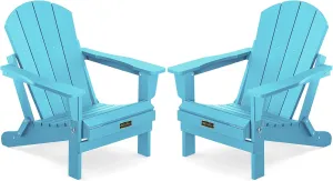 SERWALL Folding Adirondack Chair Weather Resistant Patio Chair Outdoor Chairs Painted Adirondack Chairs Set of 2 - Aruba Blue