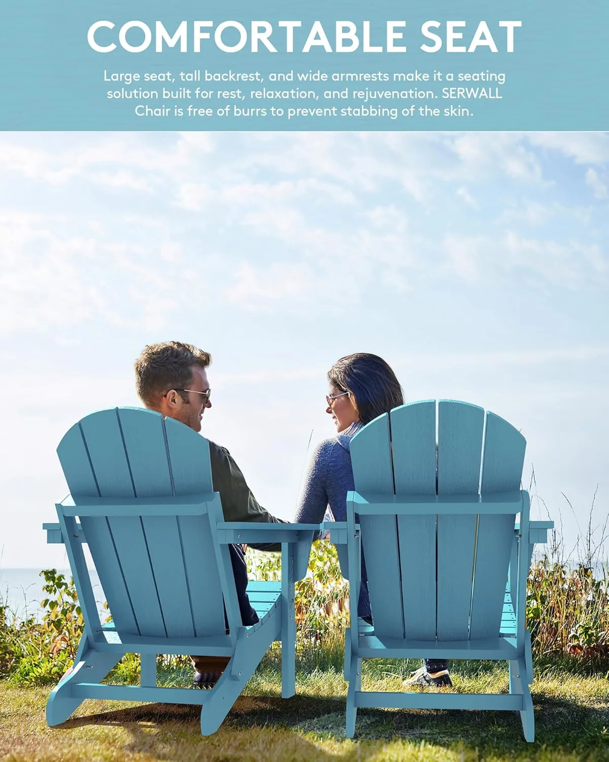 SERWALL Folding Adirondack Chair Weather Resistant Patio Chair Outdoor Chairs Painted Adirondack Chairs Set of 2 - Aruba Blue