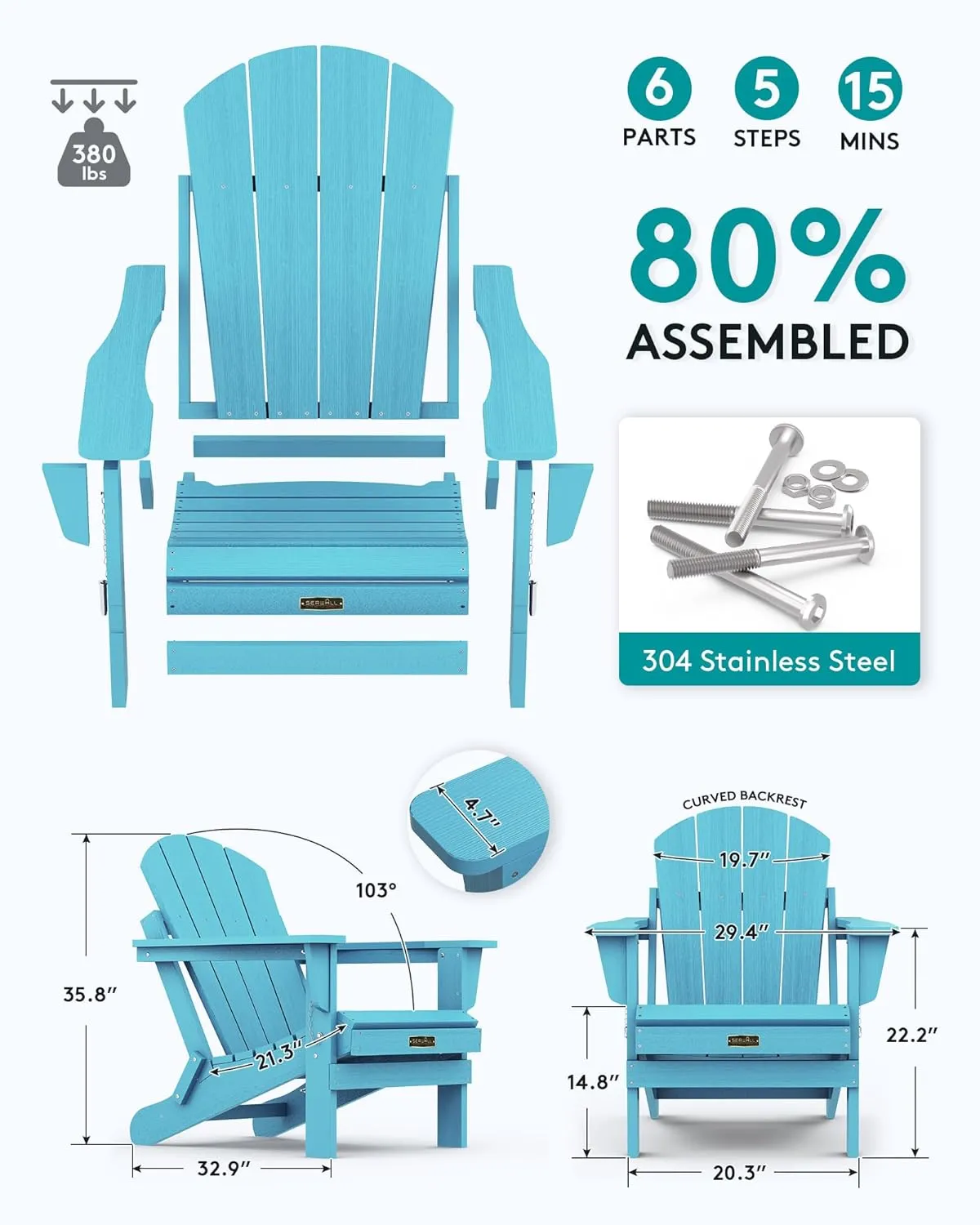 SERWALL Folding Adirondack Chair Weather Resistant Patio Chair Outdoor Chairs Painted Adirondack Chairs Set of 2 - Aruba Blue