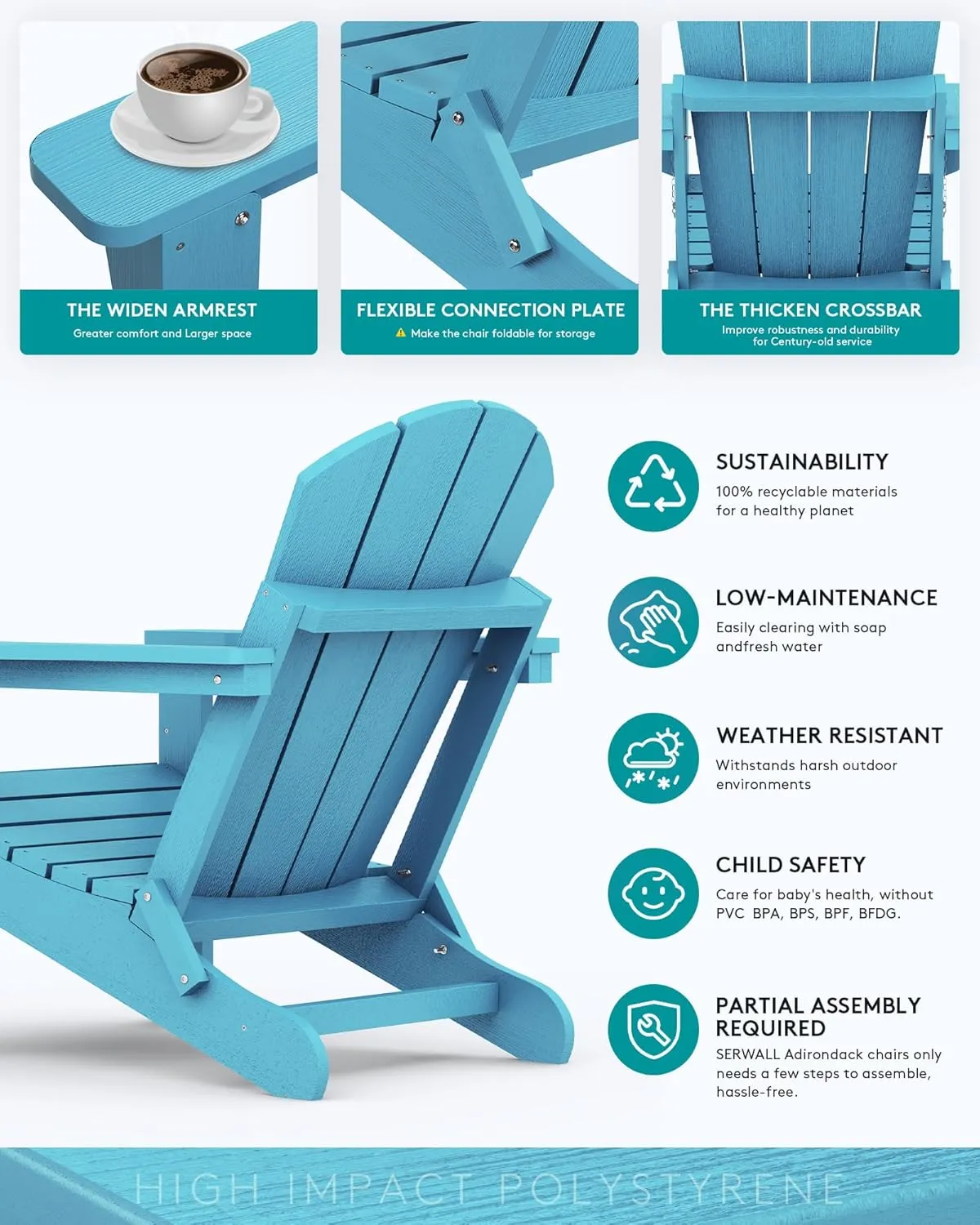 SERWALL Folding Adirondack Chair Weather Resistant Patio Chair Outdoor Chairs Painted Adirondack Chairs Set of 2 - Aruba Blue