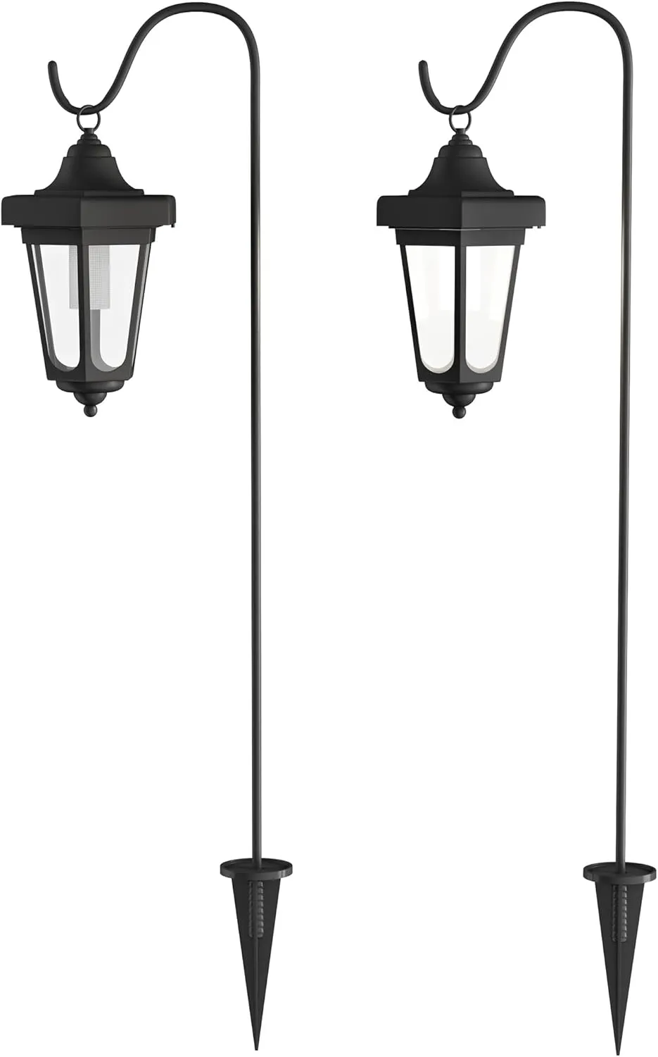 Set of 2 Solar Lanterns - Waterproof Hanging Coach LED Lights with Shepherd Hooks for Mounting - Garden Decor for Outside by Pure Garden (Black)