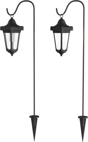 Set of 2 Solar Lanterns - Waterproof Hanging Coach LED Lights with Shepherd Hooks for Mounting - Garden Decor for Outside by Pure Garden (Black)