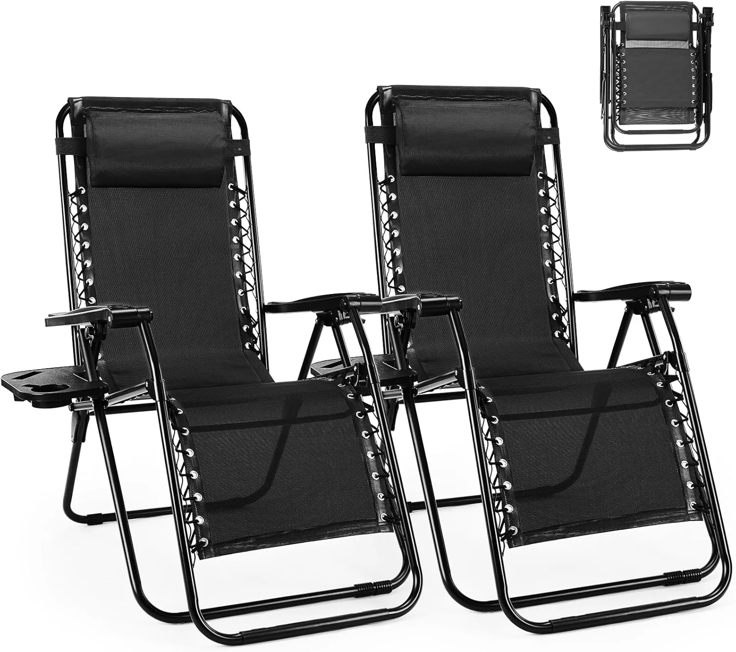 Set of 2 Zero Gravity Chair, Outdoor Lounge Chairs, Portable Folding Reclining Camping Chair with Adjustable Pillow and Cup Holder Trays for Patio Garden Lawn Beach, Classic Black