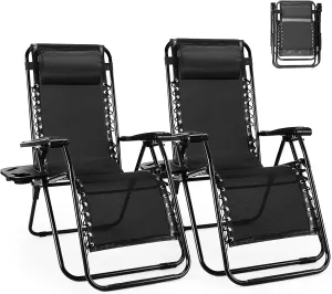 Set of 2 Zero Gravity Chair, Outdoor Lounge Chairs, Portable Folding Reclining Camping Chair with Adjustable Pillow and Cup Holder Trays for Patio Garden Lawn Beach, Classic Black