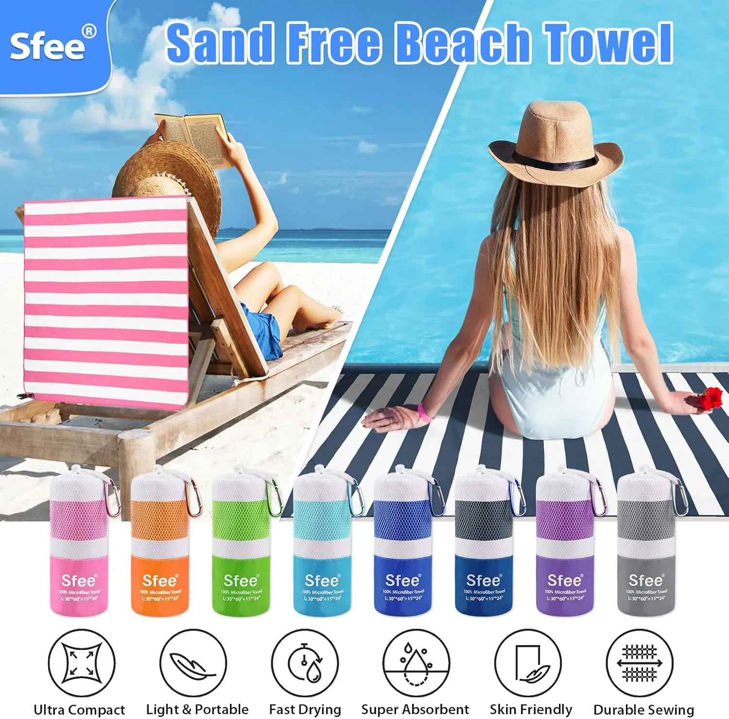 Sfee 4 Pack(8Pcs) Microfiber Travel Towel, Beach Towel Quick Dry Towel Camping Towel Super Absorbent Compact Lightweight Sports Towel Gym Towel for Beach, Gym, Hiking, Pool, Backpacking, Bath, Yoga