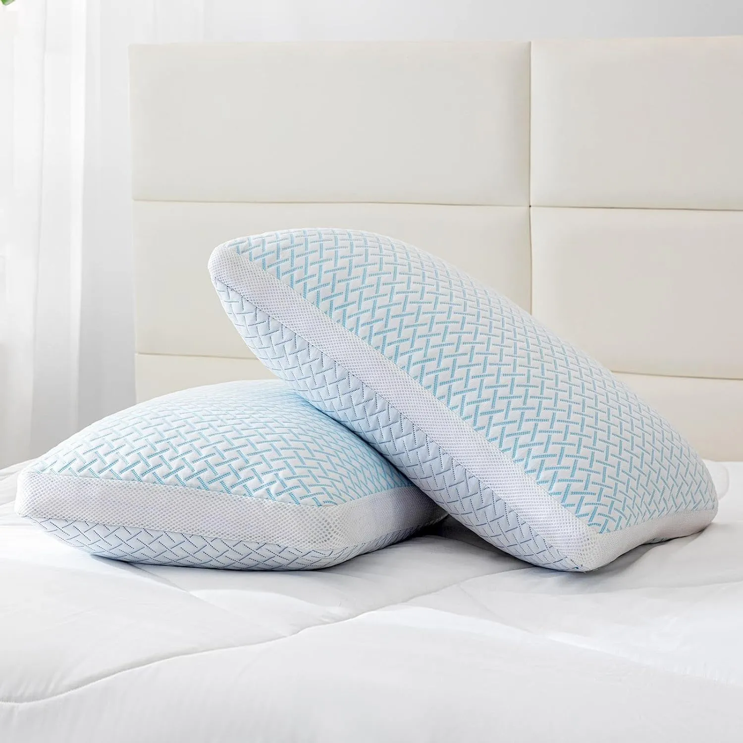 Shredded Memory Foam Cooling Soft Bamboo Viscose Pillows Queen Size Set of 2, Adjustable Hypoallergenic Hotel Quality Pillow for Side, Back and Stomach Sleeper, Oeko-TEX Certified