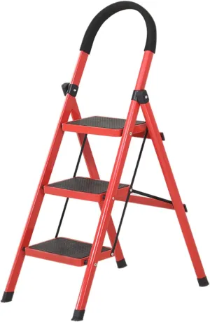 SHU 3-Step Ladder red Household Portable Herringbone Ladder Installation-Free Folding Single-Sided Ladder Climbing Load-Bearing Ladder Chair