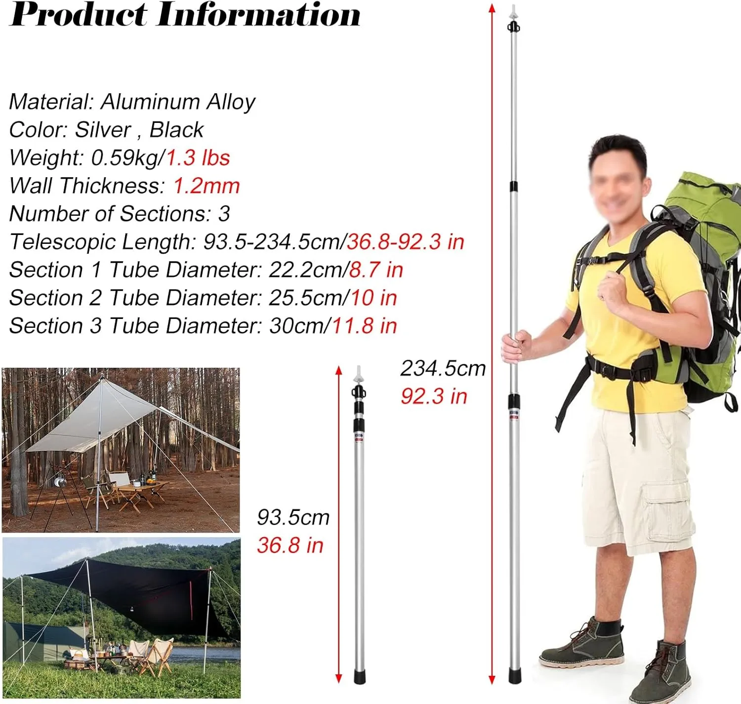 Silver & Black Aluminum Alloy Telescoping Tarp Poles, Adjustable Length Lightweight Tent Poles with Silicone Non-Slip Feet Cover, Portable Awning Pole(Black 36.8-92.3 in)