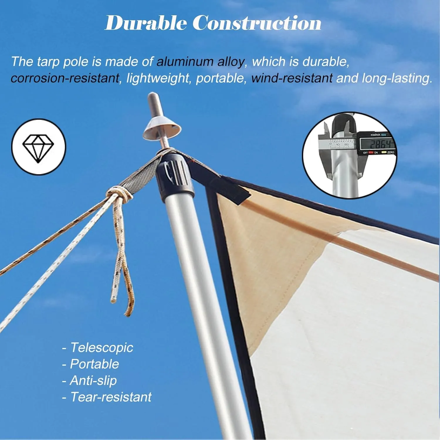 Silver & Black Aluminum Alloy Telescoping Tarp Poles, Adjustable Length Lightweight Tent Poles with Silicone Non-Slip Feet Cover, Portable Awning Pole(Black 36.8-92.3 in)