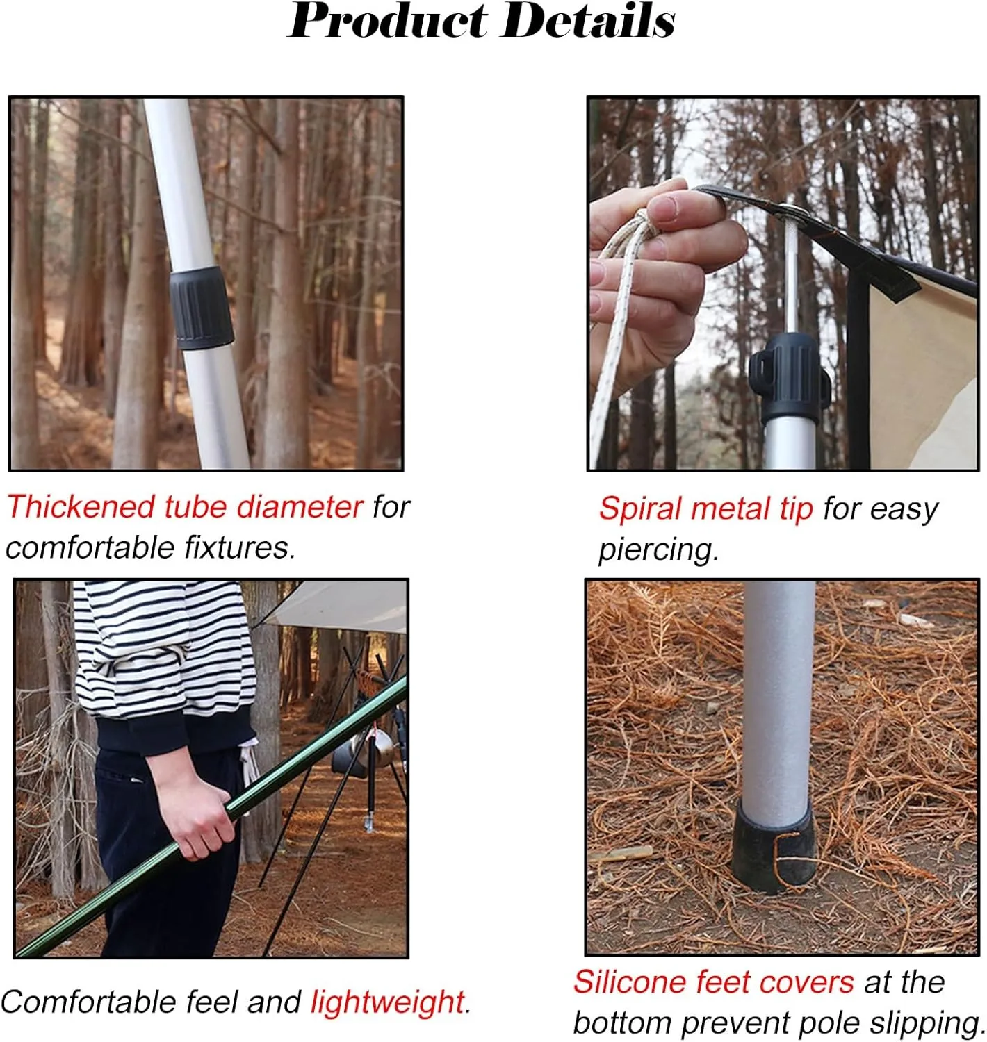 Silver & Black Aluminum Alloy Telescoping Tarp Poles, Adjustable Length Lightweight Tent Poles with Silicone Non-Slip Feet Cover, Portable Awning Pole(Black 36.8-92.3 in)