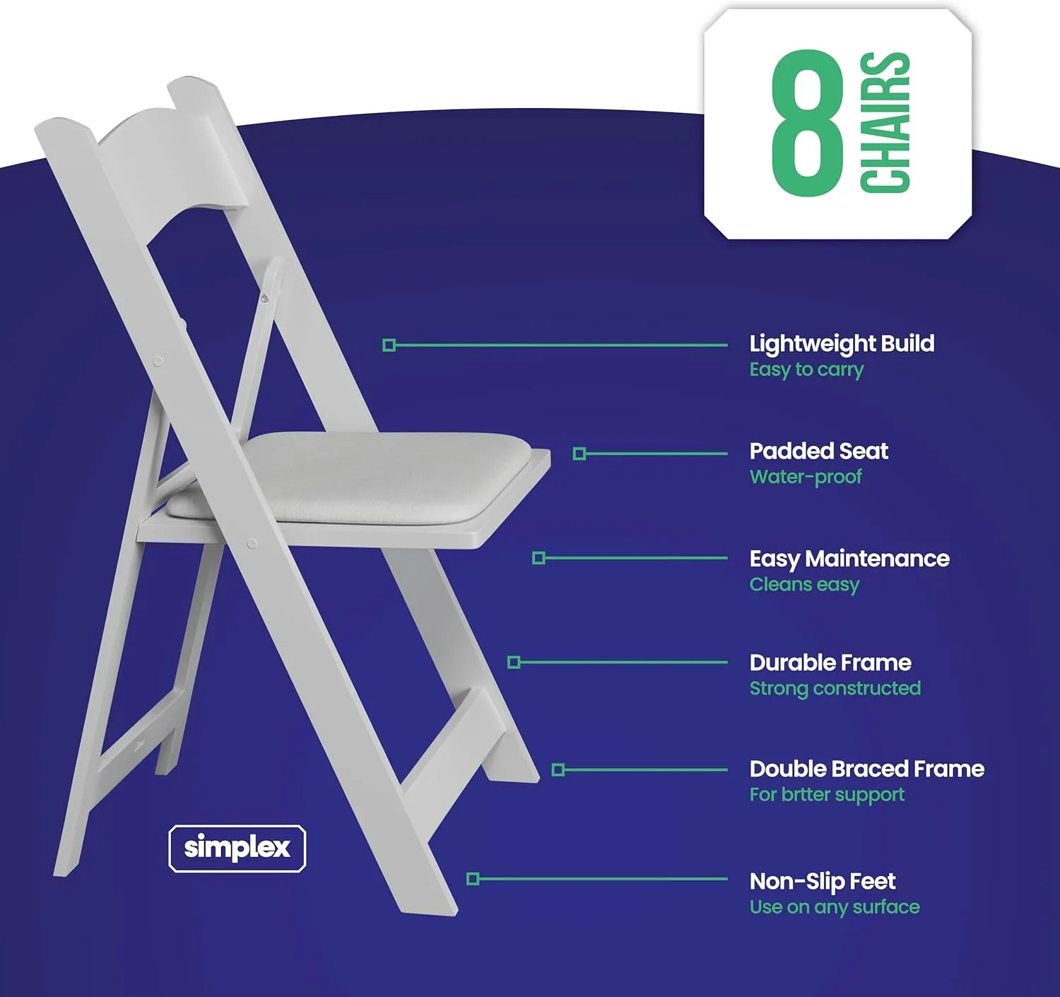 SIMPLEX 8 White Resin Folding Chairs - Comfortable White Foldable Chair - Stackable Chairs with Padded Seats - Indoor/Outdoor Folding Chairs for Events - Lightweight Foldable Chairs (8 Pack)