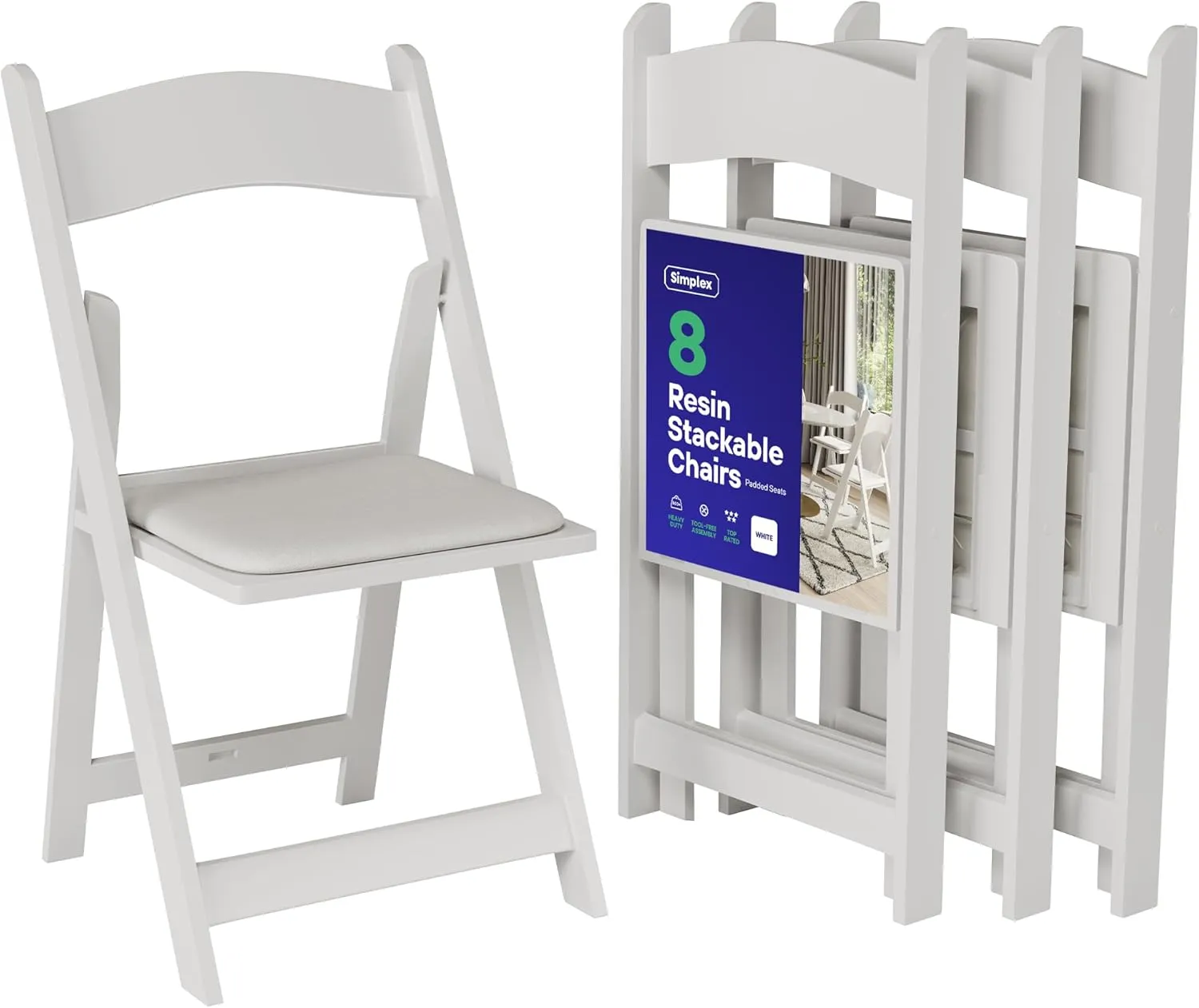 SIMPLEX 8 White Resin Folding Chairs - Comfortable White Foldable Chair - Stackable Chairs with Padded Seats - Indoor/Outdoor Folding Chairs for Events - Lightweight Foldable Chairs (8 Pack)