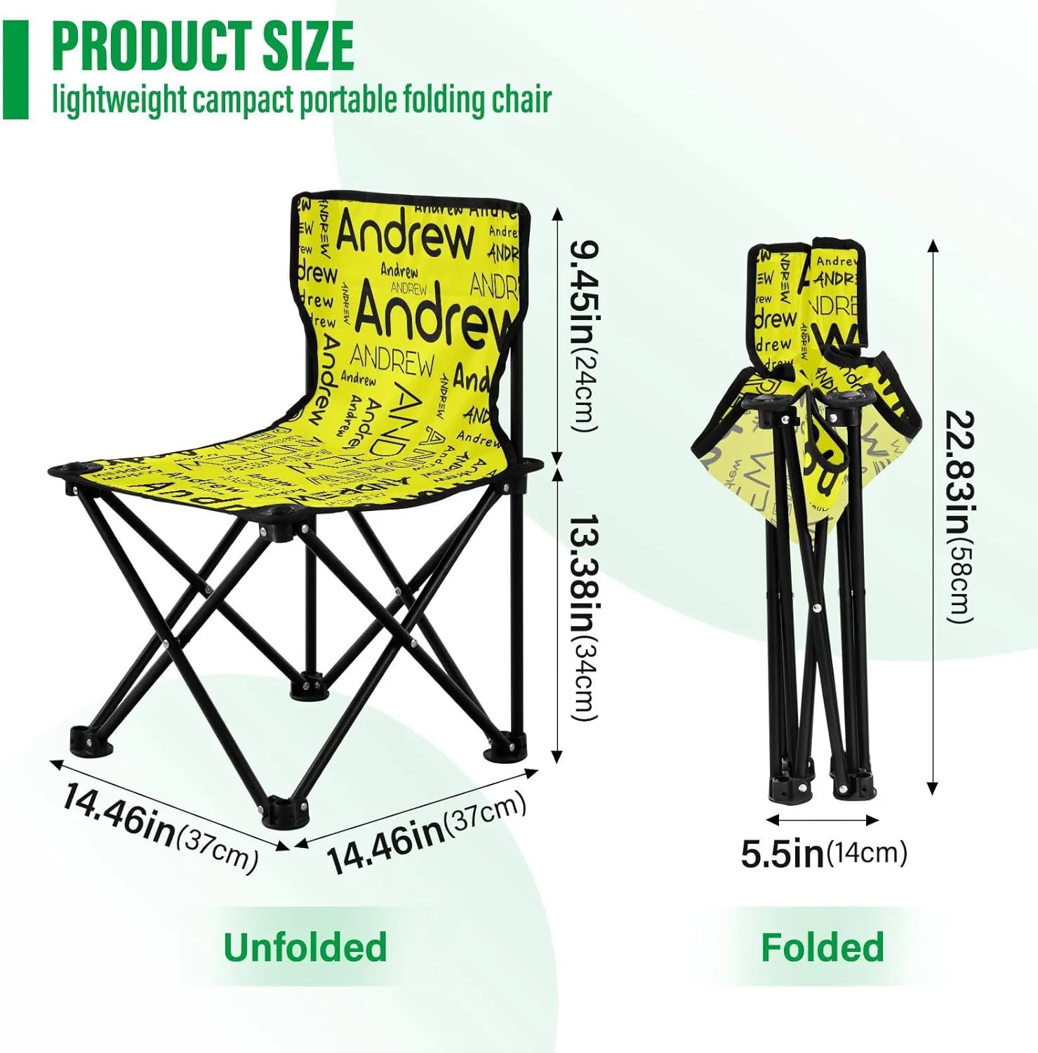 Sinestour Yellow Custom Folding Camping Chair for Teen Child Personalized Name 14.6×14.6in Portable Outdoor Chair with Carry Bag for Travel Hiking Lawn
