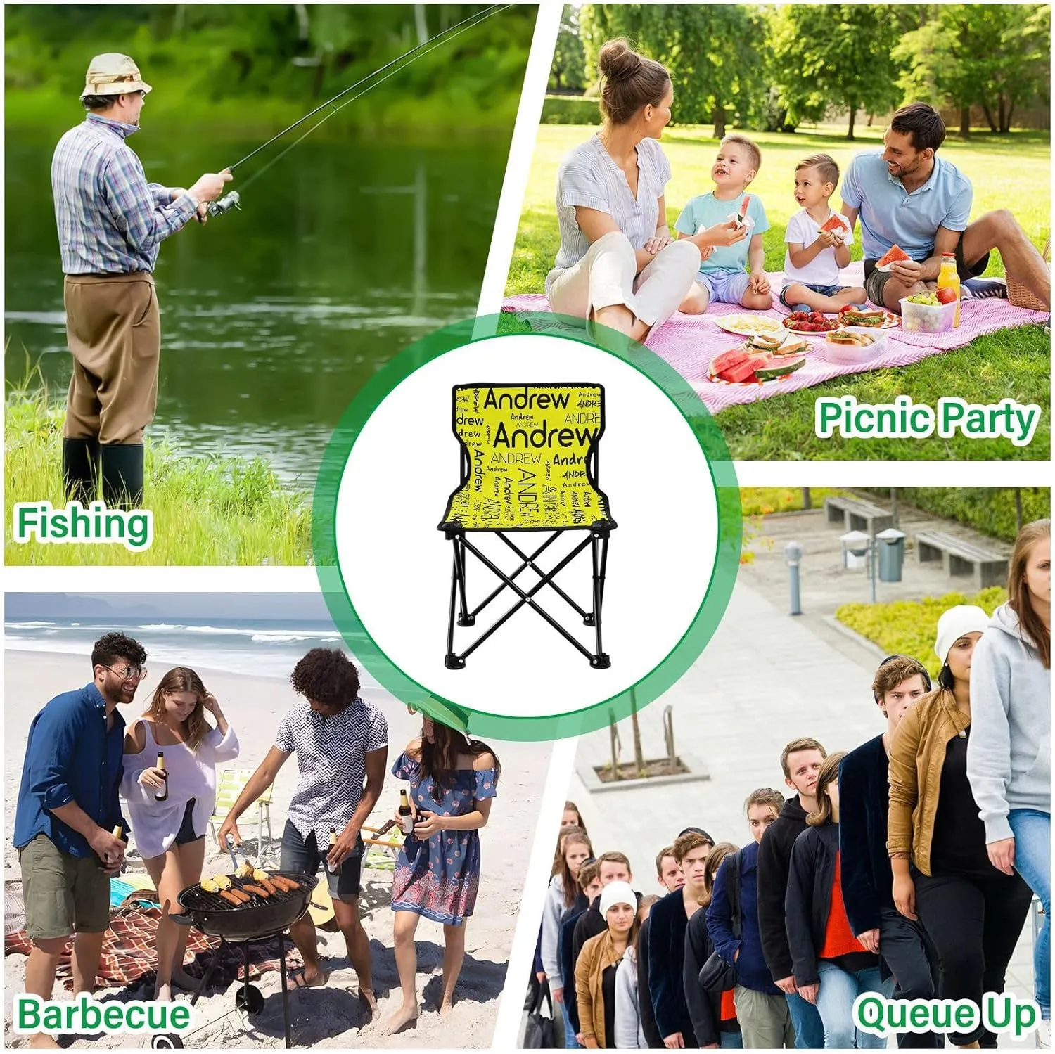 Sinestour Yellow Custom Folding Camping Chair for Teen Child Personalized Name 14.6×14.6in Portable Outdoor Chair with Carry Bag for Travel Hiking Lawn