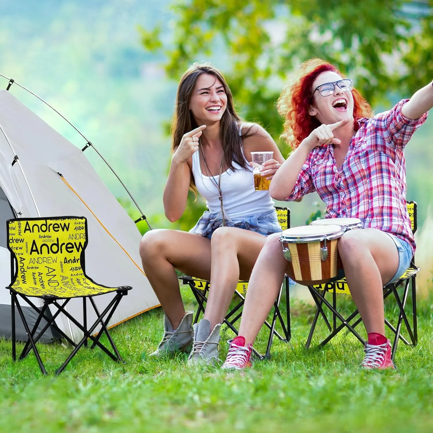 Sinestour Yellow Custom Folding Camping Chair for Teen Child Personalized Name 14.6×14.6in Portable Outdoor Chair with Carry Bag for Travel Hiking Lawn