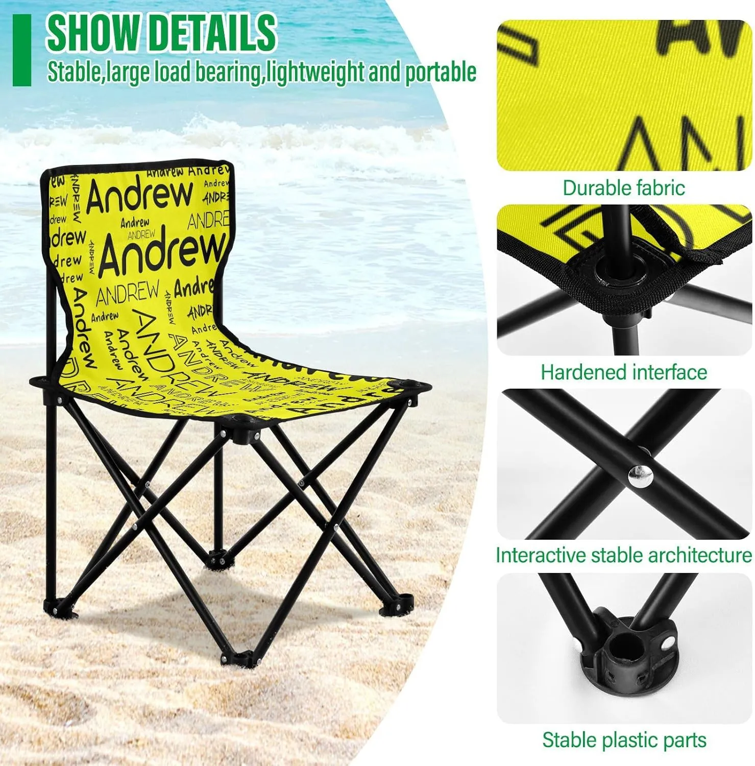 Sinestour Yellow Custom Folding Camping Chair for Teen Child Personalized Name 14.6×14.6in Portable Outdoor Chair with Carry Bag for Travel Hiking Lawn