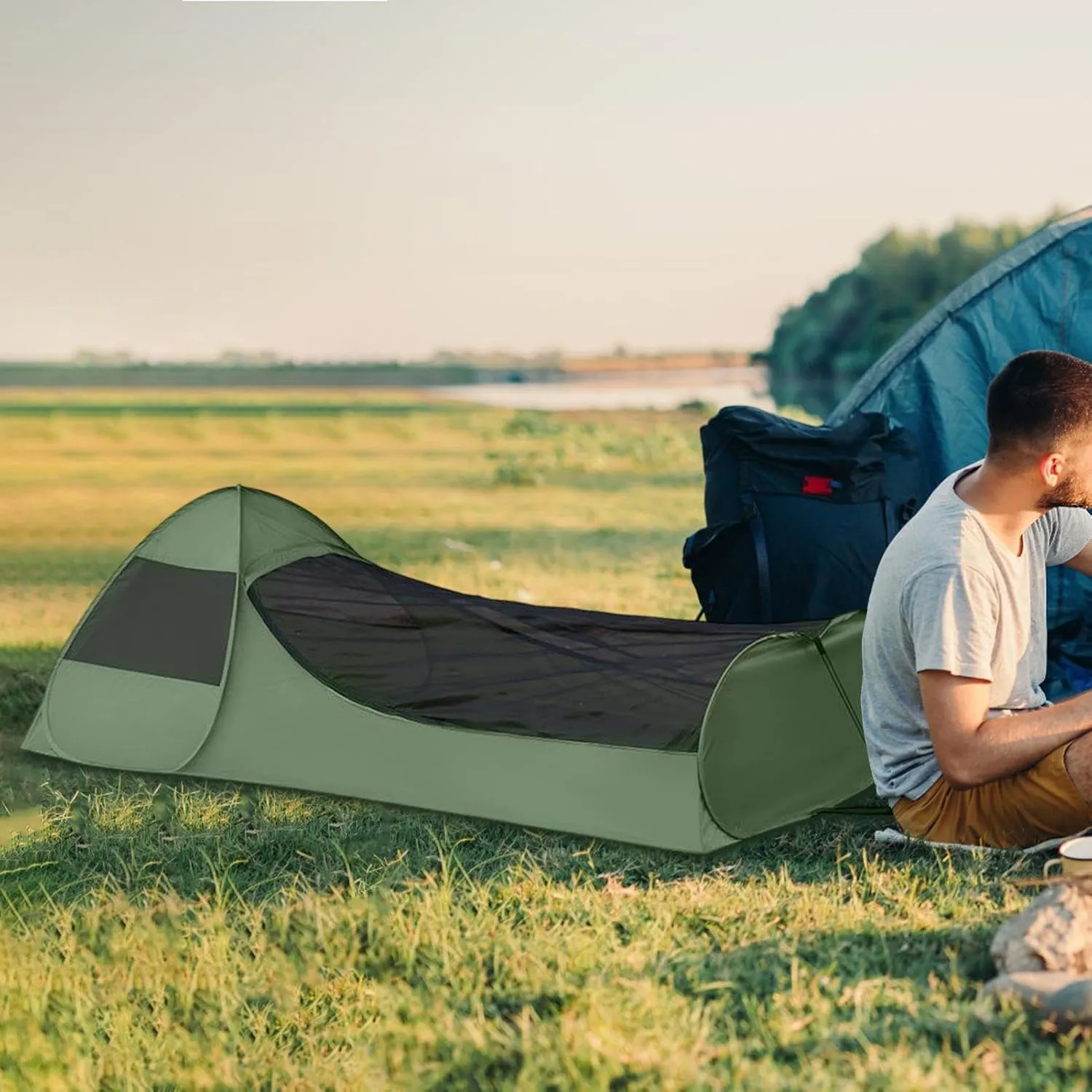 Single Person Pop Up Tent - Camping Net Tent, Foldable Pop-Up Single Bed | Instant Screen for Camping,Portable Double Zipper Bed Canopy, Large Space Mesh Camping Gear for Travel Outdoor Trip